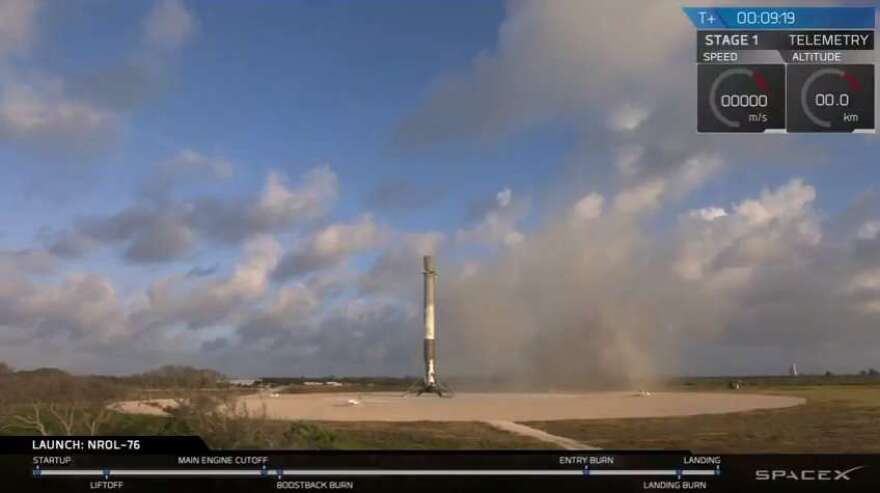 After sending a payload into orbit for the National Reconnaissance Office, SpaceX landed the first stage booster at LZ-1. Photo: SpaceX