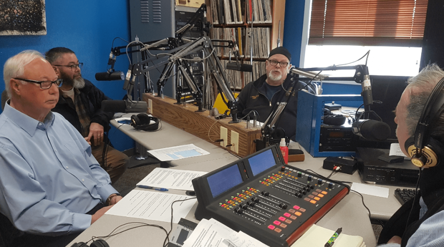 Clockwise from bottom left: Kodiak City Manager Mike Tvenge, Kodiak Island Borough Manager Mike Powers, Kodiak Fire Chief Jim Mullican, and KMXT Lowdown host, Mike Wall. KMXT Photo.