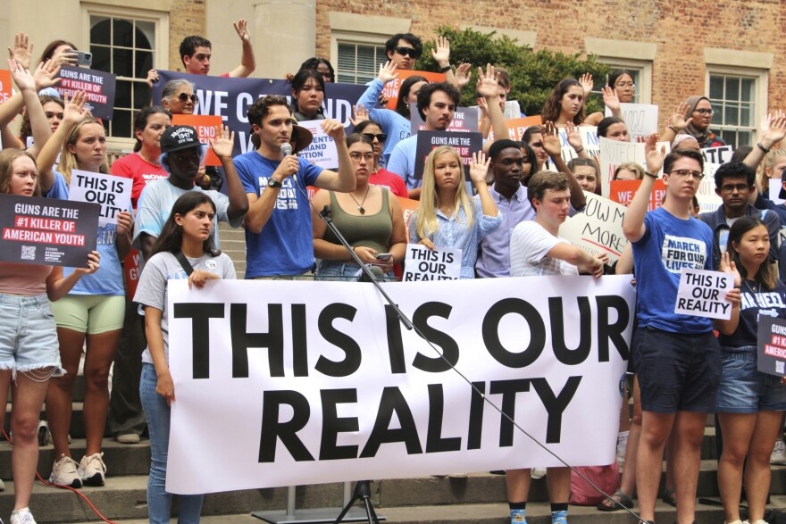 March For Our Lives co-founder David Hogg speaks at a gun safety rally following a fatal shooting earlier in the week on the University of North Carolina at Chapel Hill campus, Wednesday, Aug. 30, 2023, in Chapel Hill, N.C. (AP Photo/Hannah Schoenbaum)