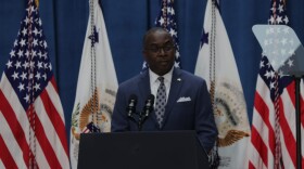 Buffalo Mayor Byron Brown delivers remarks at the University at Buffalo's Center for the Arts ahead of Vice President Kamala Harris' speech there Sept. 14, 2022.