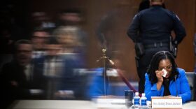 Judge Ketanji Brown Jackson wipes away tears as she testifies before the Senate Judiciary Committee on her nomination to be an Associate Justice on the US Supreme Court, in the Hart Senate Office Building on Capitol Hill in Washington, DC.