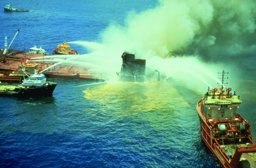 The Ixtoc I oil spill. This spill was caused by a blown out oil well. The well ran wild for nine months and spilled over 140 million gallons of oil into the Bay of Campeche. (Collection of Doug Helton, NOAA/NOS/ORR)