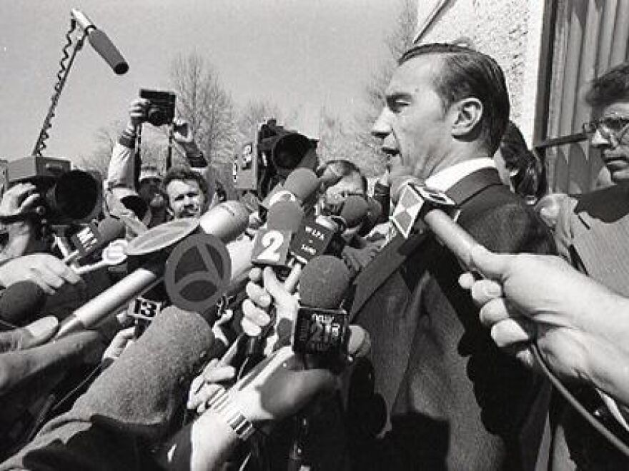 Jack Herbein, then vice president of generation for Metropolitan Edison, the company that operated Three Mile Island in 1979, takes questions from reporters outside the plant's visitors center the afternoon of the accident.