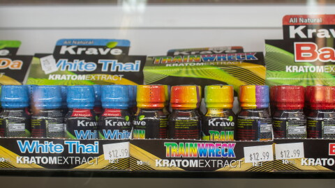 Kratom products line the shelves of a smoke shop in Oklahoma City.