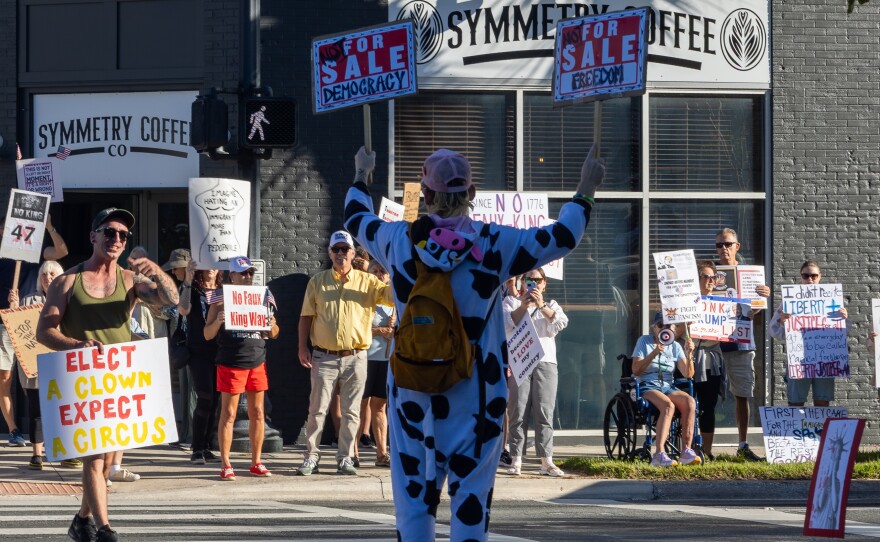A man in a cow costume stands on a cross walk in downtown Ocala holding signs that say, "Not For Sale Democracy" and "Not For Sale Freedom" on Saturday, Oct. 18, 2025. (Gabriel Velasquez Neira/WUFT News)