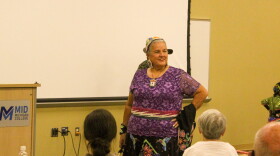 Judy Pamp, an Indigenous Educator, performs a Native American traditional dance at Mid-Michigan College, Mount Pleasant campus, on Oct. 12, 2026.