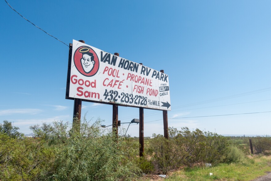 A sign points the way to Penny Self's RV park in Van Horn, Texas. Self is among those who oppose the Saguaro Connector pipeline.