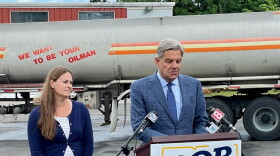 Bob Stefanowski at Tuxis Ohr's fuel, with the company's vice president, Katie Childs.