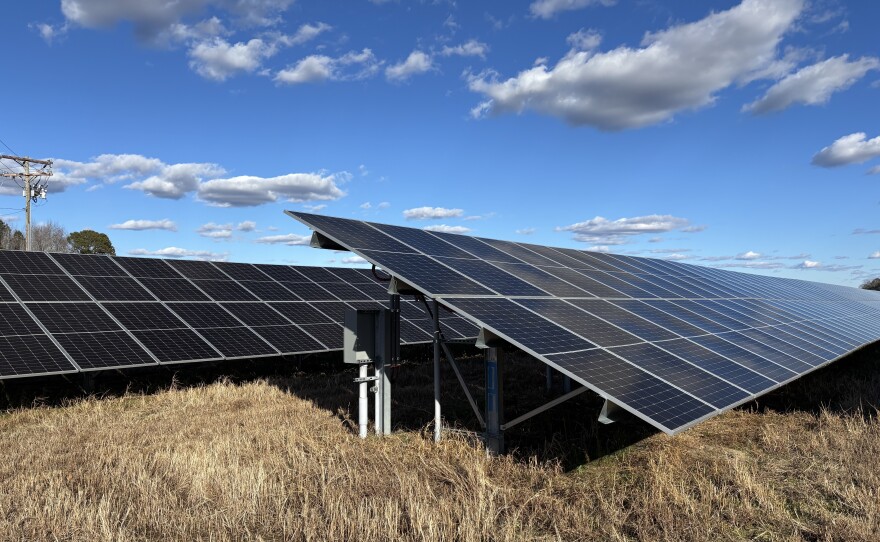 Panels at one of Dimension Energy's shared solar projects, in Suffolk on Dec. 11, 2025.