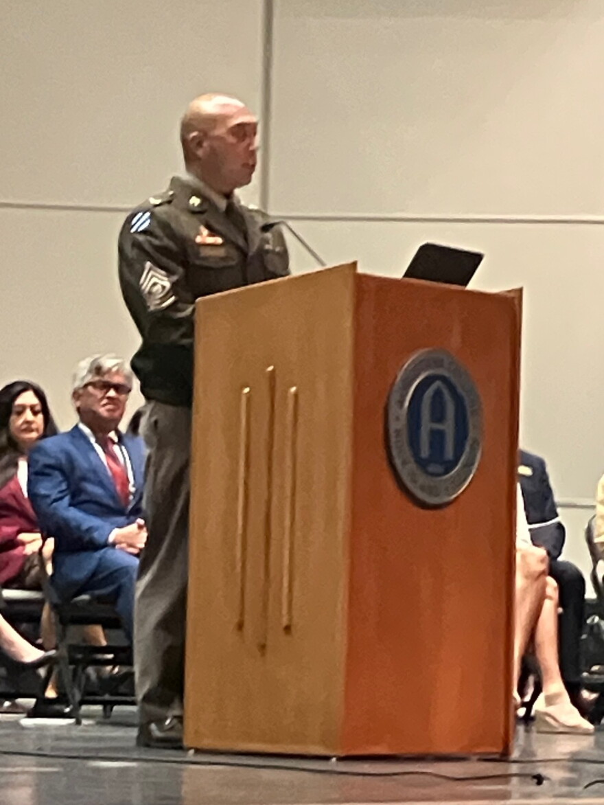 Rock Island Arsenal Command Sgt. Maj. Michael Asuncion, a Filipino-American, speaks at the ceremony Sept. 15, 2026 at Rock Island's Centennial Hall.
