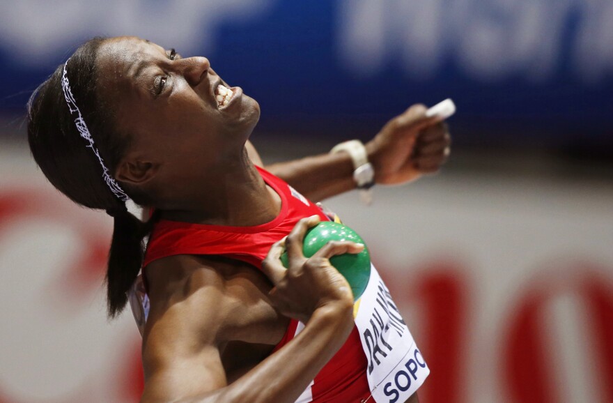 Sharon Day-Monroe competes in the Pentathlon Shot Put at the IAAF World Indoor Athletics Championships in Sopot, Poland in 2014.