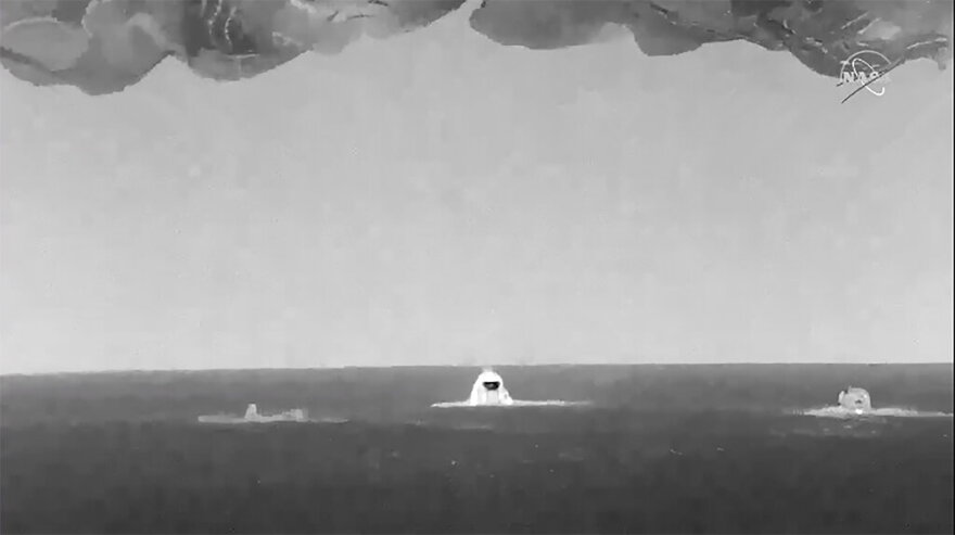 In this image made from video supplied by NASA, SpaceX Dragon space capsule splashes down in the Gulf of Mexico early Friday, May 6, 2022. NASA’s Raja Chari, Tom Marshburn and Kayla Barron, and the European Space Agency’s Matthias Maurer undocked from the International Space Station less than 24 hours earlier. 