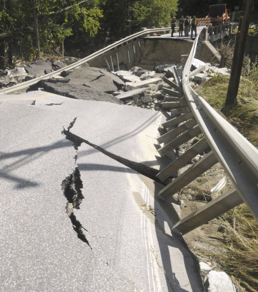 A washed-out bridge in Moretown, Vt.