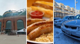 Three side-by-side photos show the exterior of a Major League Baseball stadium, cooked brats on a plate and two parked cars covered in show.