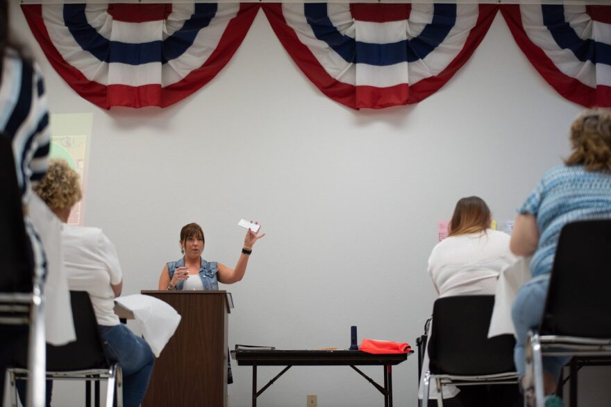 Madelyn Rains, an administrative assistant at the Oklahoma County Election Board, trains poll workers before the June 30 primary.