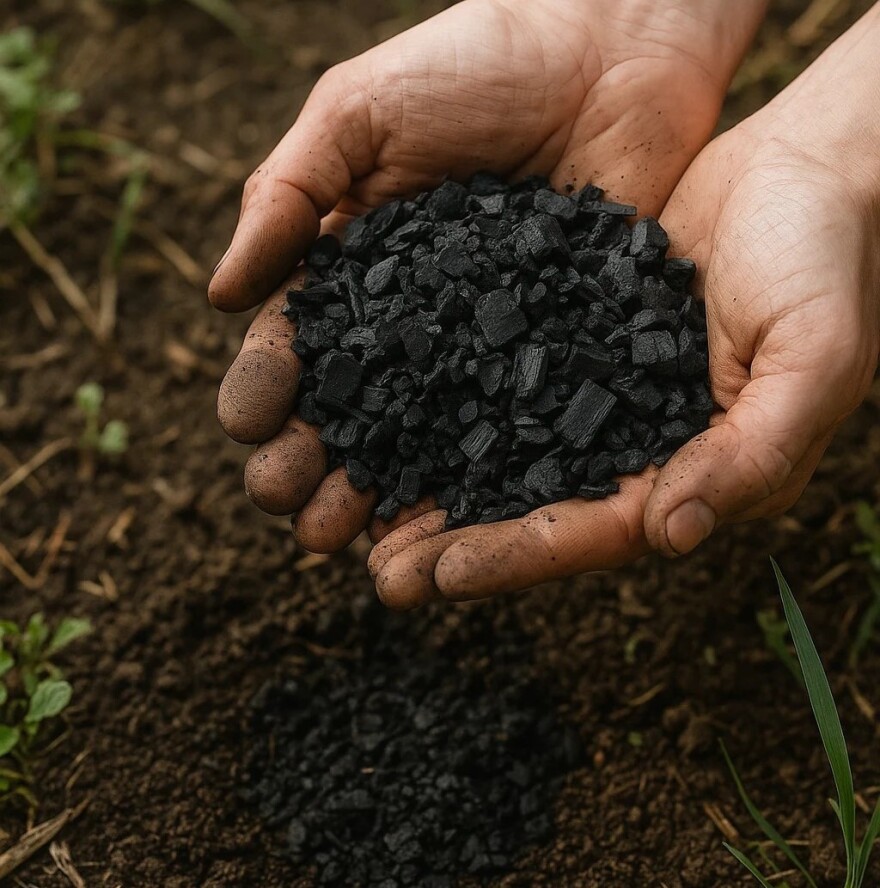 A charcoal like material held in cupped hands