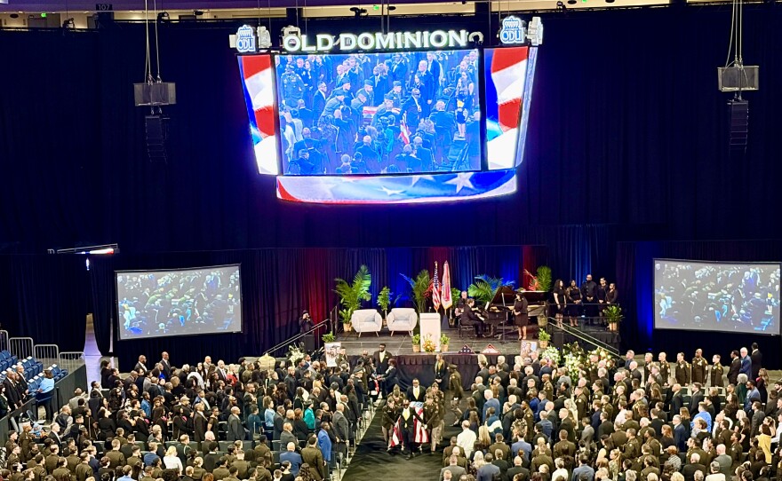 Mourners celebrate the life of Lt. Col. Brandon Shah at Old Dominion University.
