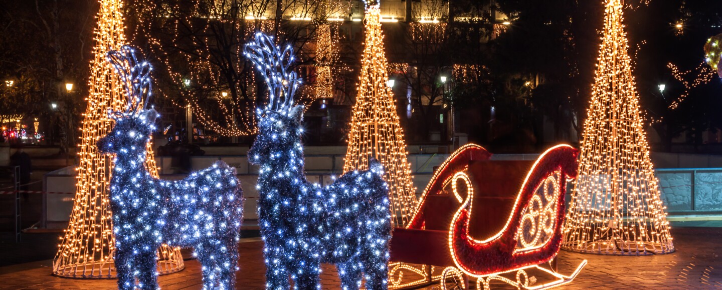 A light display with blue reindeer in front of a red sleigh and off-white Christmas trees