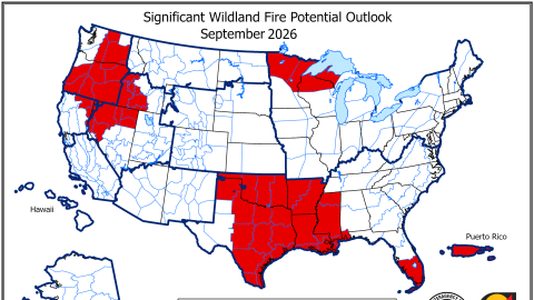 A map showing the wildland fire potential for September. Parts of the country are red, meaning above average potential. Wyoming is white, meaning normal fire potential.