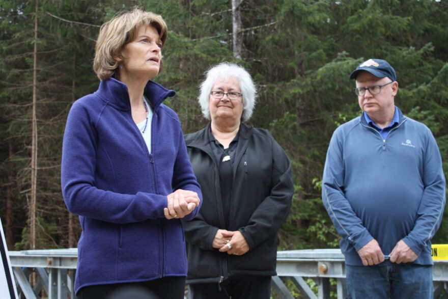 Senator Murkowski in Excursion Inlet with Haines Borough Mayor Jan Hill and Ocean Beauty Excursion Inlet Plant Manager Tom Marshall. (KHNS file photo)