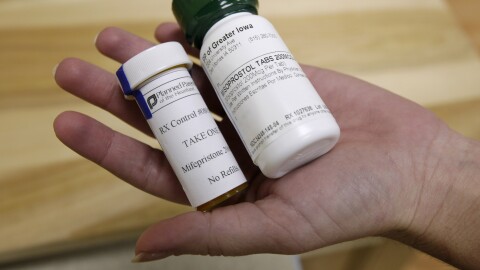 Bottles of the abortion-inducing drug RU-486, which is used to medically induce abortions in a two-step process. Women take mifepristone (left), and days later, they take misoprostol.