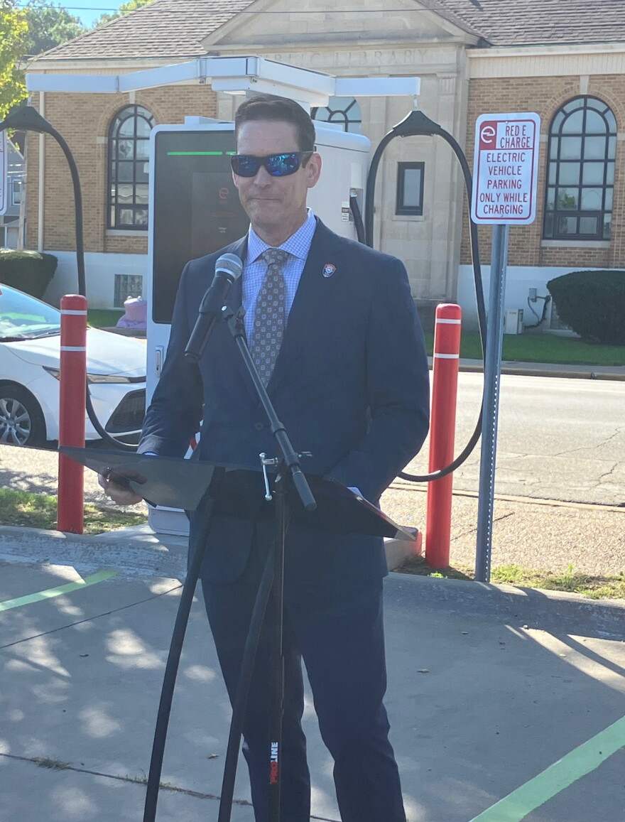 MetroLINK CEO Benjamin Limmer spoke at Thursday morning's ribbon-cutting for new EV charging stations in downtown East Moline, Sept. 24, 2026.