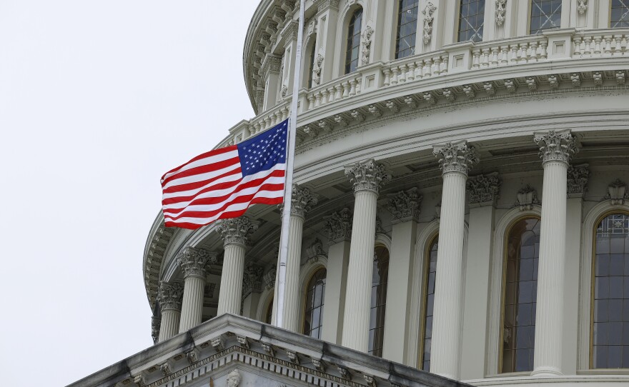 The U.S. flag above atop the U.S. Capitol flies at half-staff on September 29 in honor of the late Sen. Dianne Feinstein.