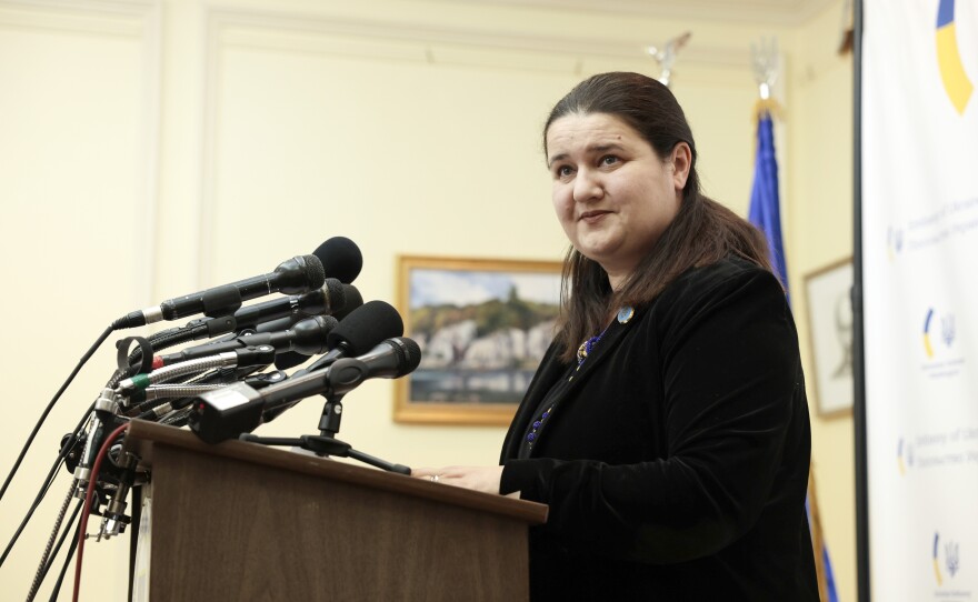 Ukraine's Ambassador to the United States, Oksana Markarova, answers questions at a press conference held at the Ukrainian Embassy on February 25, 2022 in Washington, DC.