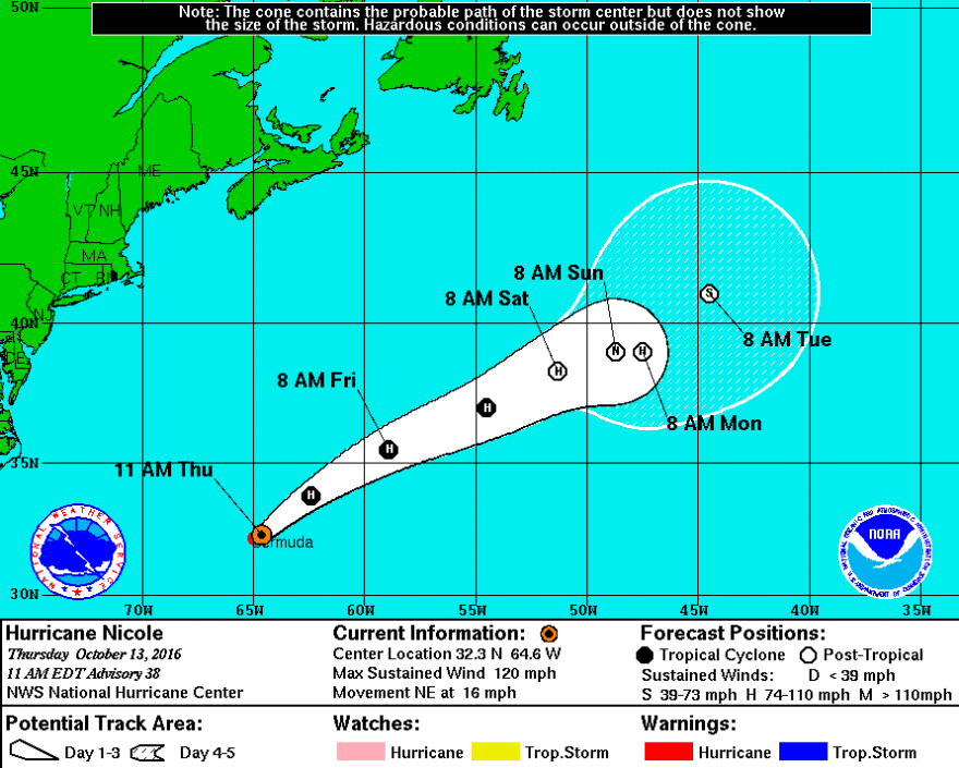 A map shows the expected trajectory of Hurricane Nicole.