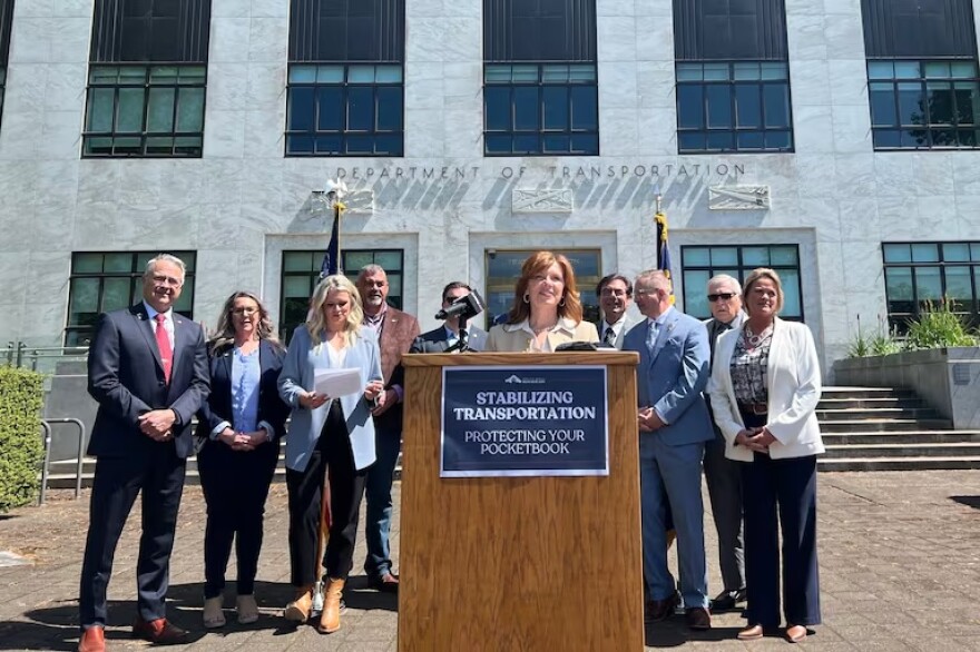 House Minority Leader Christine Drazan, R-Canby, and other GOP lawmakers address reporters in front of Oregon Department of Transportation headquarters.