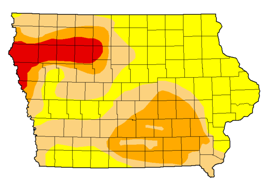 A map of the state of Iowa, entirely covered in colors varying from yellow to red. It signifies the abnormally dry conditions across the state.