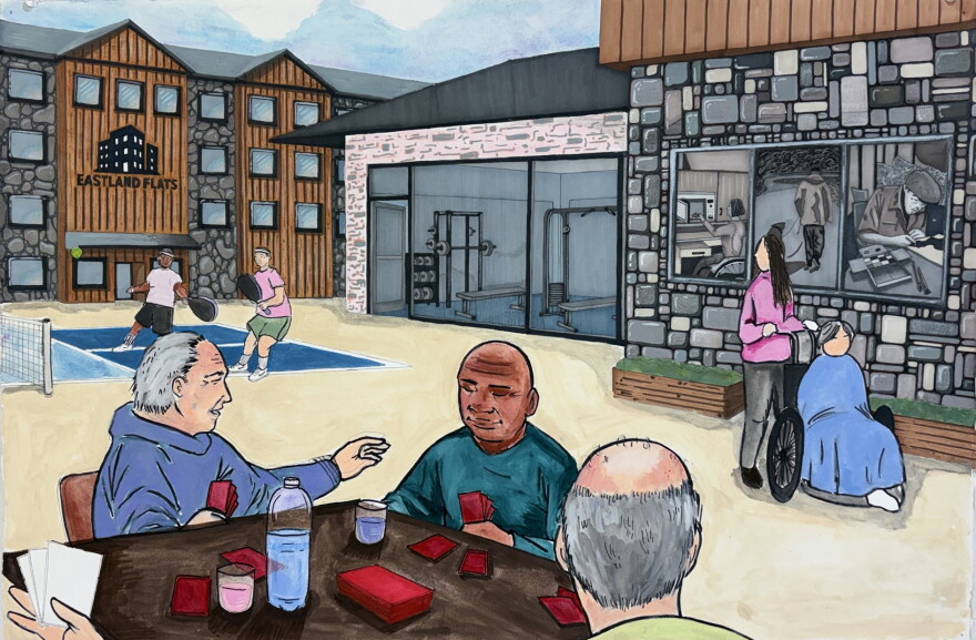 a hand drawn picture of older men playing cards, people playing pickleball and a woman pushing a person in a wheelchair