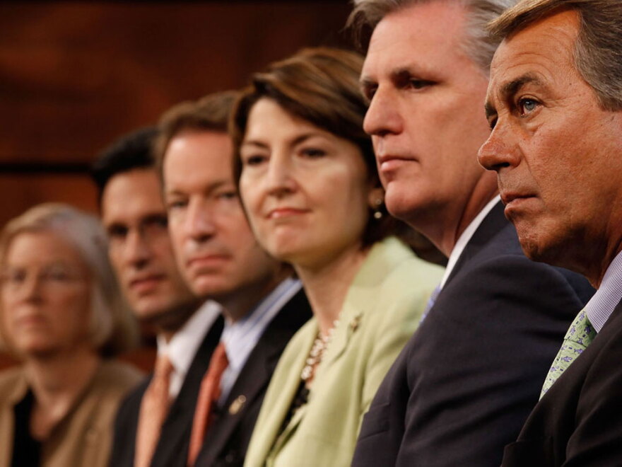 House Minority Leader John Boehner (far right), the likely speaker in a GOP-led House, with other Republican House leaders, including (from left) Candice Miller (MI), House Minority Whip Eric Cantor (VA), Peter Roskam (IL), Cathy McMorris Rodgers (WA) and Kevin McCarthy (CA).