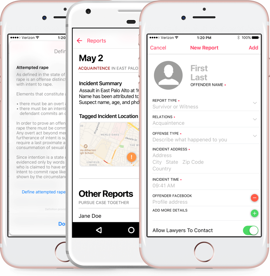 The JDoe app tags the location of incident as well as incident type, the relationship between the victim and offender, the offender's facebook address.