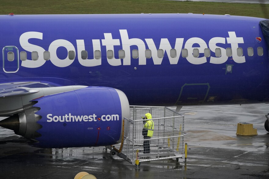 The side of a grounded Southwest Airlines Boeing 737 Max aircraft.