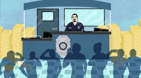 An illustration of a police officer behind an information desk with shadows looking confused in the foreground.