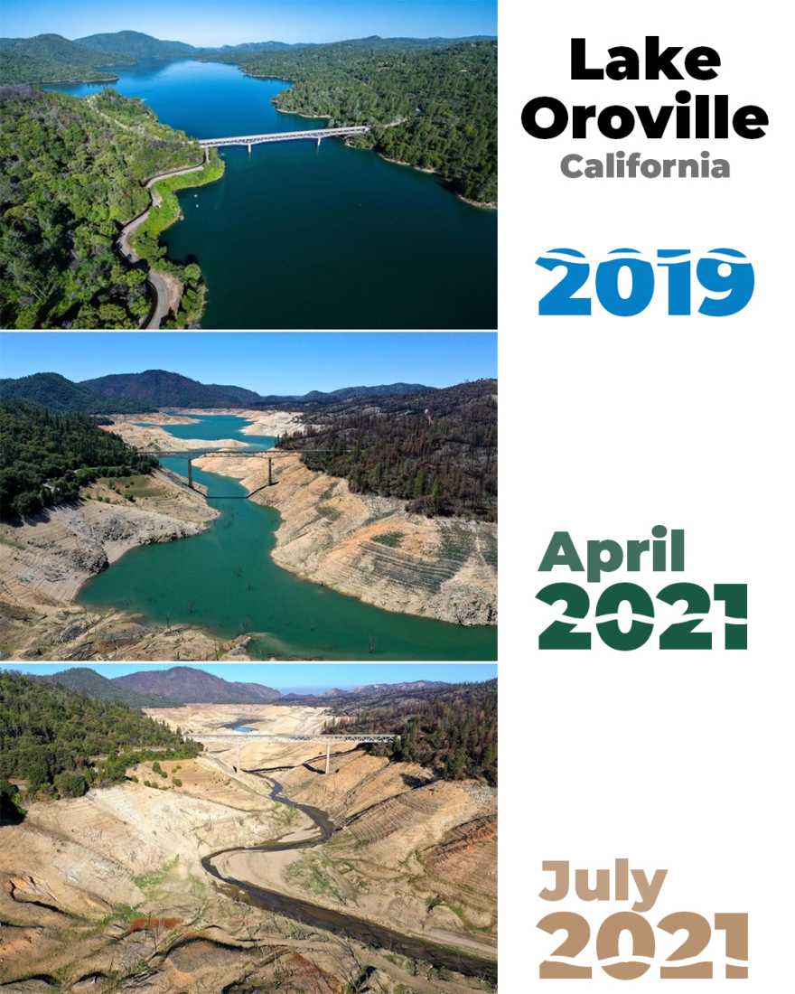 Photos of Lake Oroville, located north of Sacramento, taken in 2019, April 2021 and July 2021.