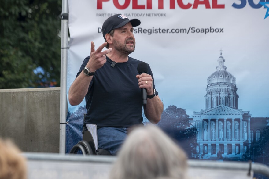 Democratic U.S. Senate candidate Josh Turek speaks at the Des Moines Register Political Soapbox on Aug. 14, 2026.