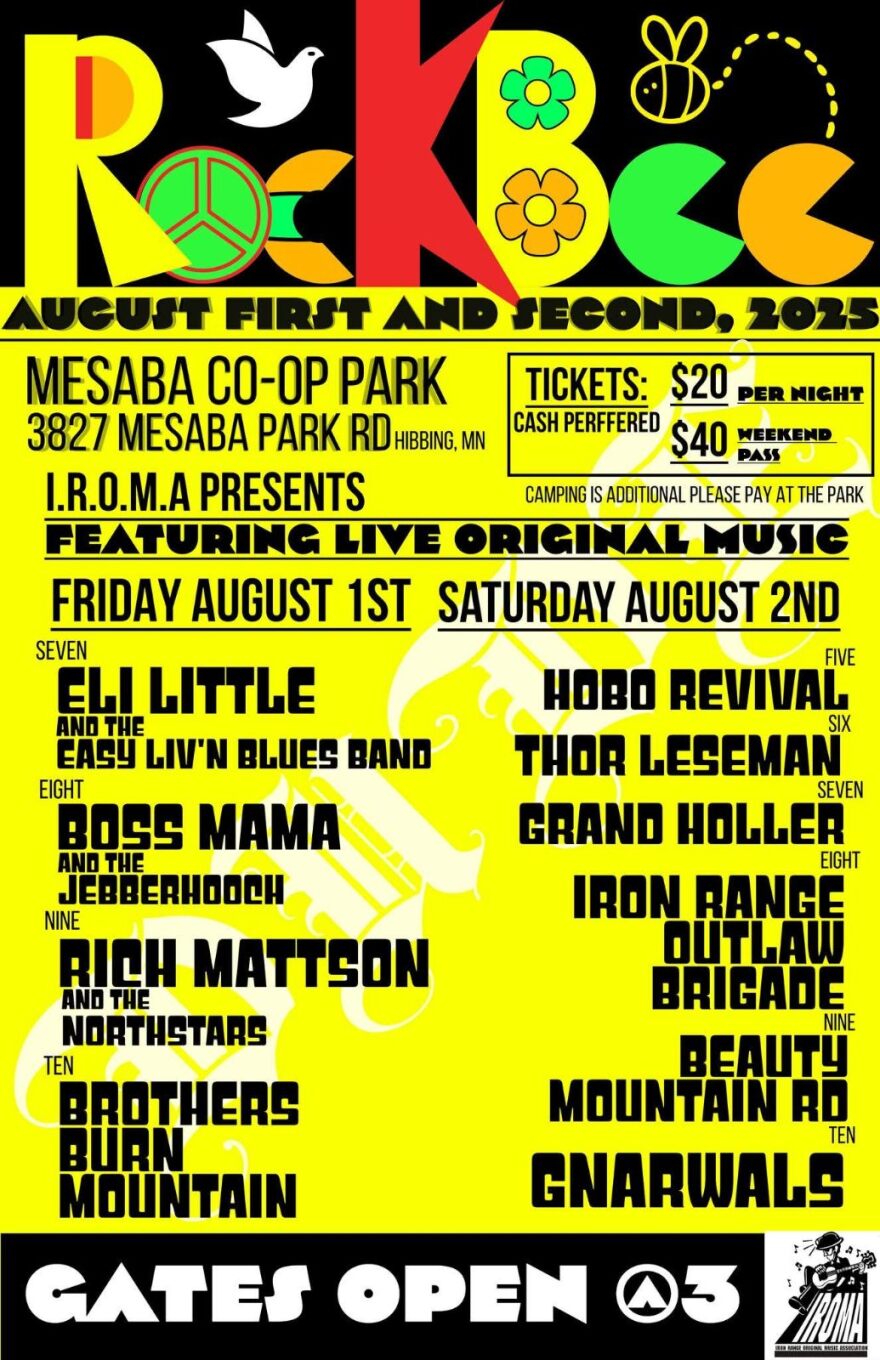 A yellow poster for the Rockbee Musc Festival.
