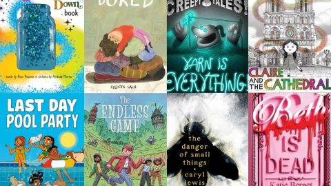 Book covers of several recommended books including "Bored," "The Calm Down Book," "Claire and the Cathedral," and "Beth is Dead." 