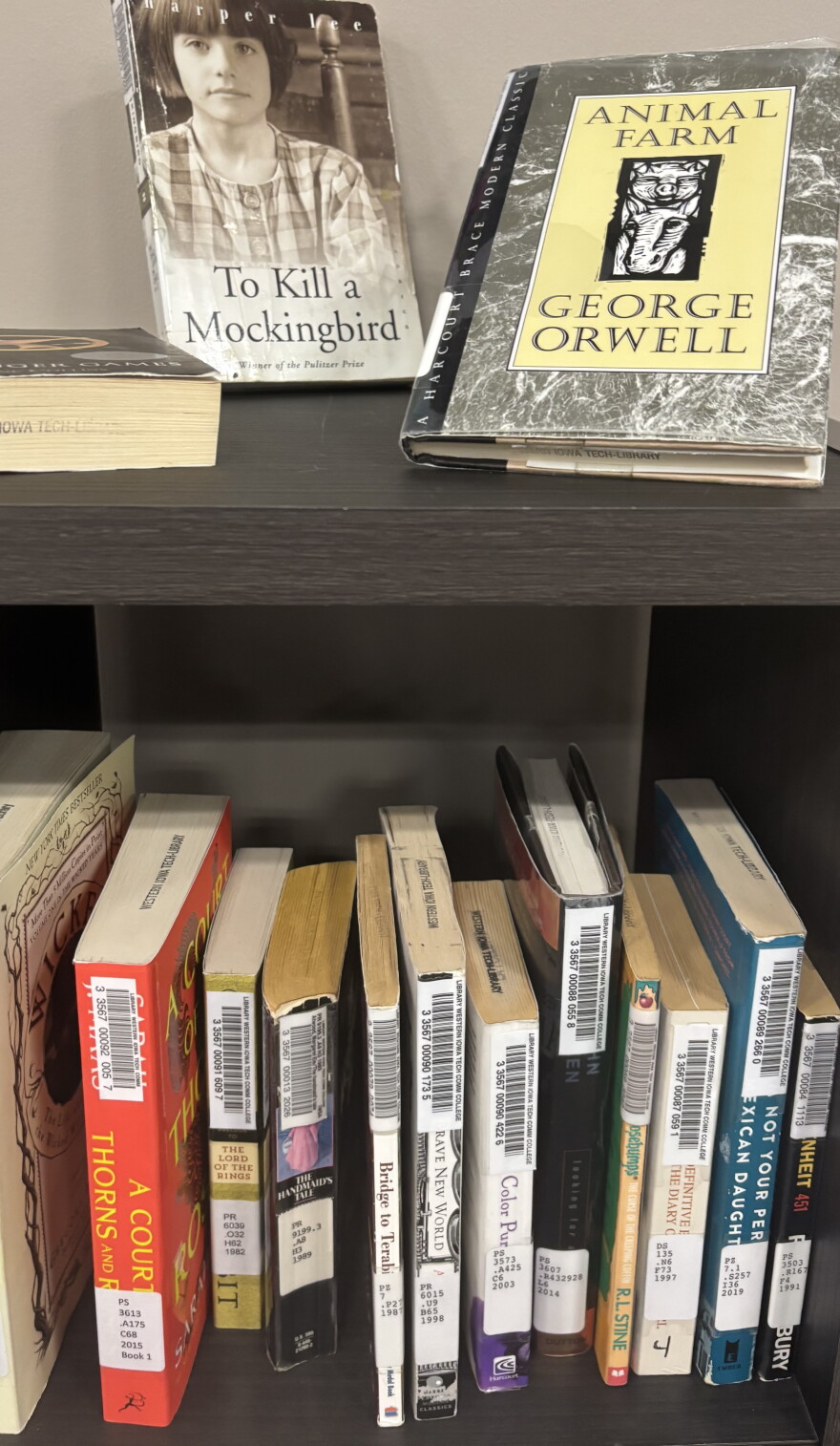 A display of notable books that have been banned is shown as part of National Banned Books Week events at WITCC in Sioux City on October 8, 2026. (Bret Hayworth, Siouxland Public Media News)