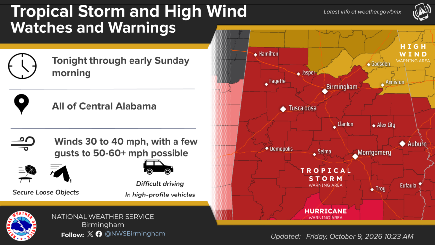 A map showing where Tropical Storm Warnings are in place across Central Alabama.