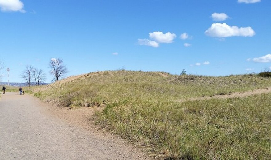 A dirt road next to grass-covered sand dunes under a blue sky