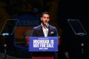 Abdul El-Sayed, a progressive candidate in the Democratic primary for U.S. Senate in Michigan, speaks during a primary election night event Wednesday, Aug. 5, 2026, at the Majestic Theatre in Detroit. (Julia Demaree Nikhinson/AP)