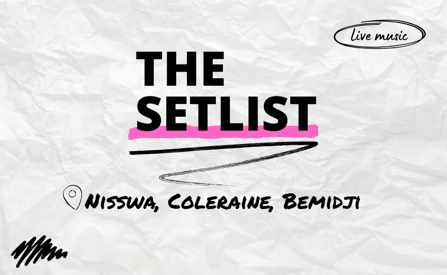 "The Setlist" and "Nisswa, Coleraine, Bemidji" written over a crumpled paper background.