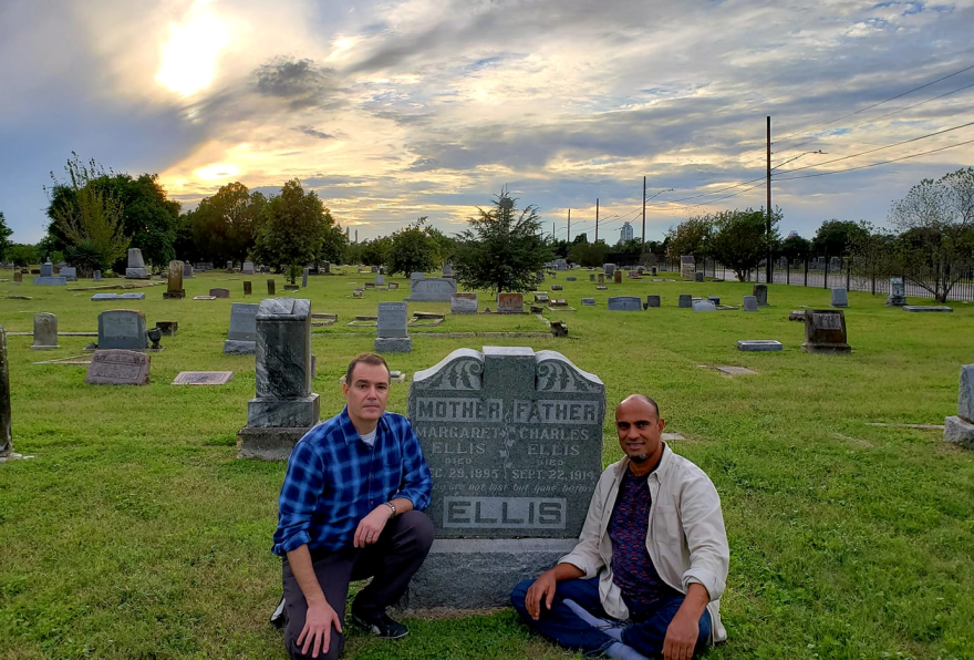 Karl Jacoby and Chip Williams at Ellis' parent's grave in San Antonio, TX.