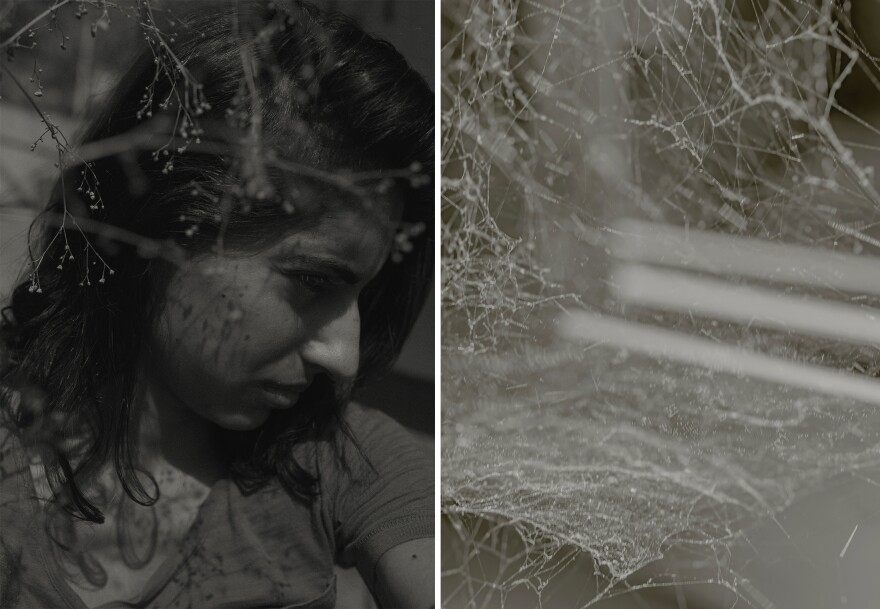 Left: A self-portrait. Right: Detail of a spiderweb at home.