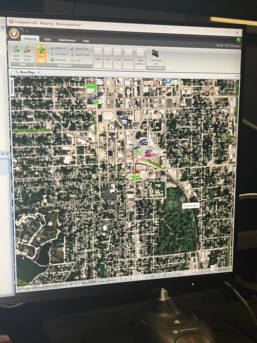 An image of a street map of Bloomington with the current location of emergency units plotted on the map.