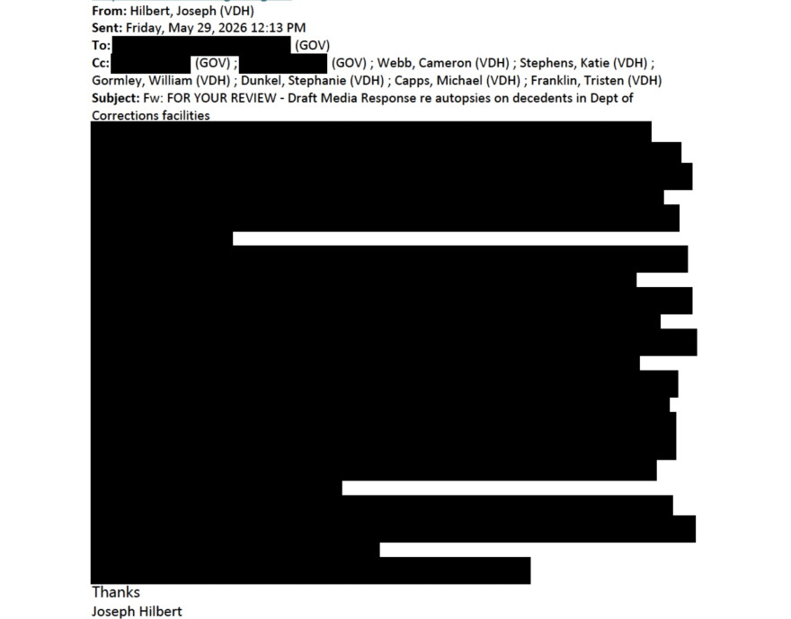 A redacted email regarding in-custody deaths reporting