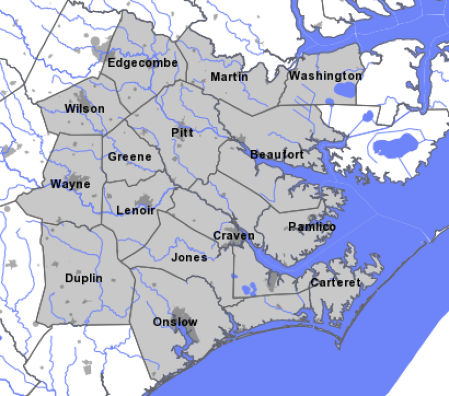 Coastal plain counties where the groundwater is improving.